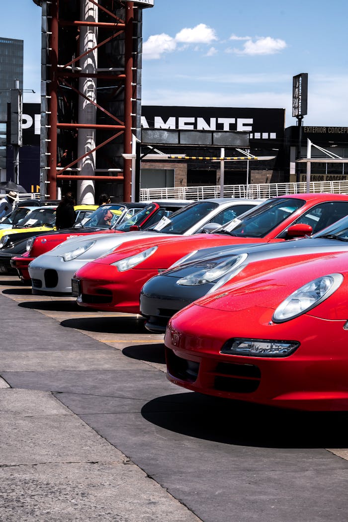 Line of exotic sports cars parked outdoors in a modern urban area under clear blue skies.